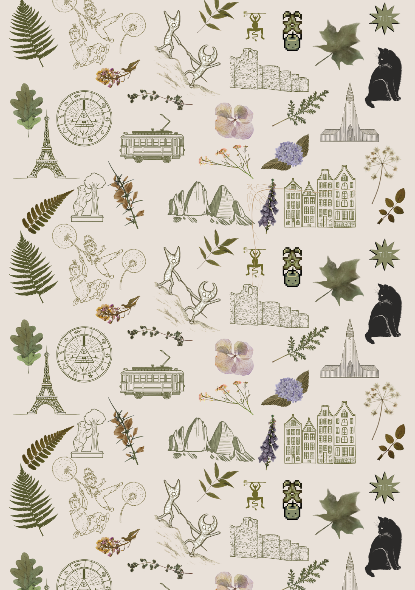 A pattern with illustrations of different items.